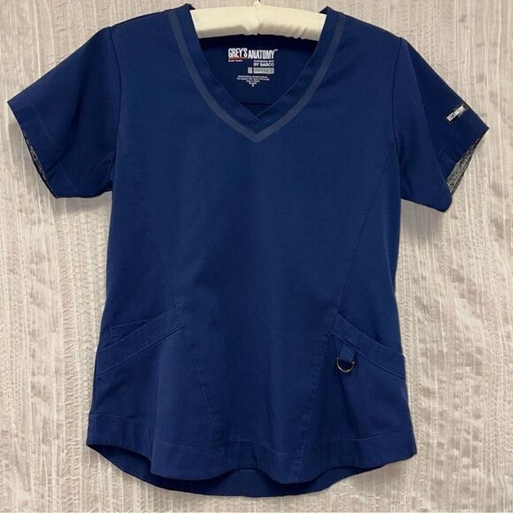 Grey’s Anatomy S Impact by Barco Navy V Neck Short Sleeve 3 Pocket Scrub Top - Picture 1 of 12